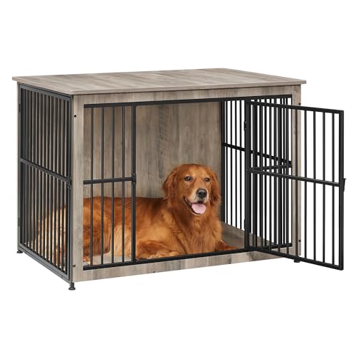 Feandrea Hundekäfig Möbel, Beistelltisch, Hundebox, Moderne Hundehütte Indoor für Hunde bis zu 37 kg, hochbelastbar, geschlossener Boden, Hundehaus 2 Türen, Greige meliert PFC024G01