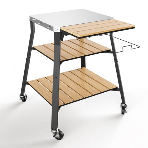 GFTIME Universal Tragbarer Grillwagen, Rollender Edelstahl Grilltisch, Kücheninsel-Allzweckwagen für Solo Stove & Ninja Woodfire Outdoor BBQ, Grillständer mit WPC Ablagen & 360° Schwenkrollen