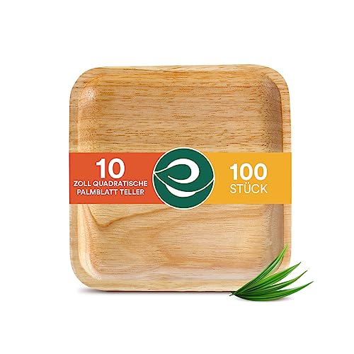 ECO SOUL 100% kompostierbare 25 cm, quadratische Palmblatt Teller [100 Stück] |Premium Palmblatt Geschir | Robuste, Einweg Teller wie Bambus | Quadratische Bio Einweg Teller