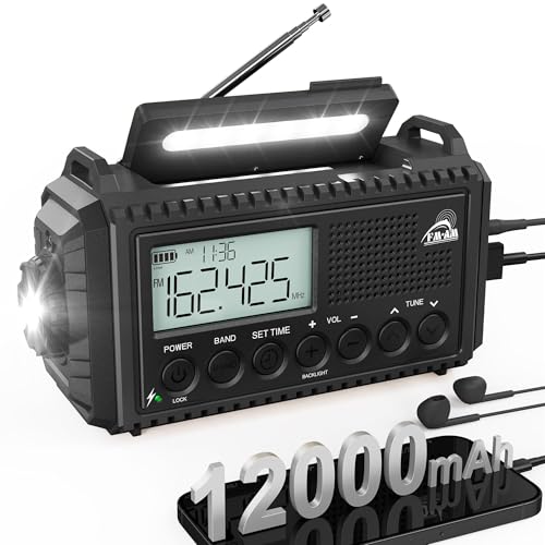Kurbelradio mit Solar & 12000mAh Powerbank | AM/FM/SW Notfallradio, USB-C Handyladung, SOS-Alarm, Taschenlampe & Leselampe | Radio mit Weltempfänger | Wasserdicht, Tragbar für Camping, Outdoor,Schwarz