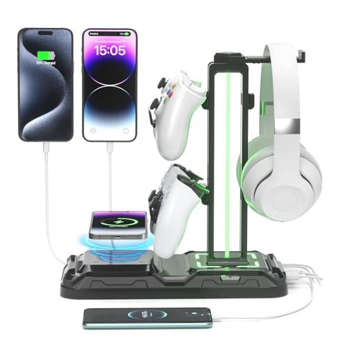 KDD Headset Halterung - und Controller Halter mit Kabellosem Laden - Headset Controller Halterung mit 9 Lichtmodi - Controller Ständer mit 2 USB- und Typ-C-Anschlüssen - Tabletop Zubehör für Gamer