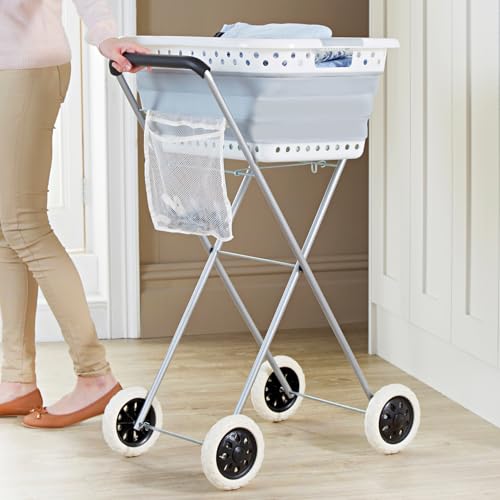 Clarsen® Wäschekorb Trolley mit Rädern – einfaches Transportieren und Aufhängen der Wäsche – platzsparend und rückenschonend – Wäschekorb-Wagen für Wäschekörbe mit Maßen von ca. 66x44 cm