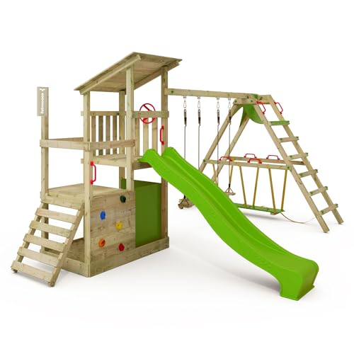FATMOOSE Spielturm Klettergerüst FruityForest Fun XXL mit Surfanbau, Schaukel & apfelgrüner Rutsche, Outdoor Kinder Kletterturm mit Sandkasten, Leiter & Spiel-Zubehör für den Garten