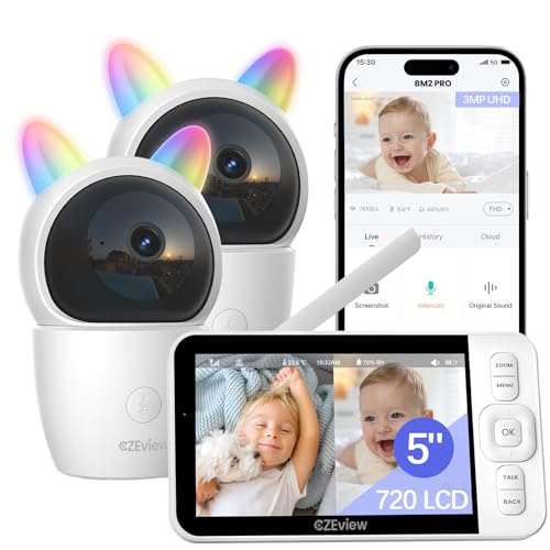 CZEview Babyphone mit 2 Kameras und APP, 2K/5,0 Zoll WLAN Babyfon mit Split-Screen, PTZ 360°, 4× Zoom, IR-Nachtsicht, Automatische Verfolgung, Weinen/Bewegungs/Geräuscherkennung, Alarme