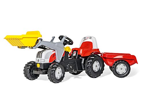 Rolly Toys Steyr 6165 CVT Trettraktor mit Lader und Anhänger (rollyKid, Traktor; Flüsterlaufreifen; Hänger und Schaufellader; rot / gelb) 23936