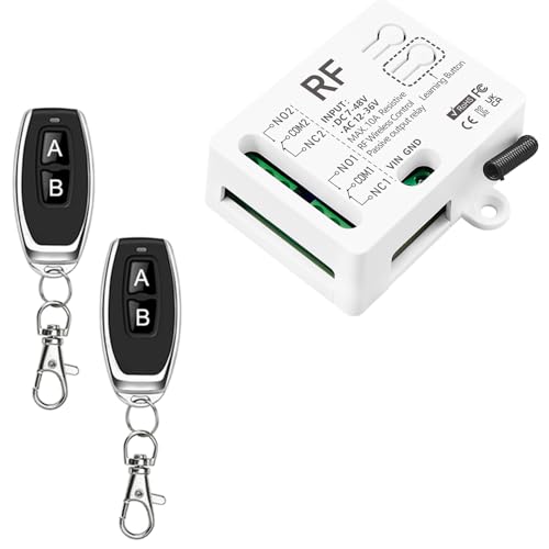 Tedeligo 433 MHz RF-Funkfernbedienungsschalter mit 2 Sendern DC 7V 12V 24V 36V 48V AC 12V 24V 36V 10A 2 Kanal Relaisempfänger für elektrischen Vorhang, Garagentor, Motorlicht, Funksteuerschalter