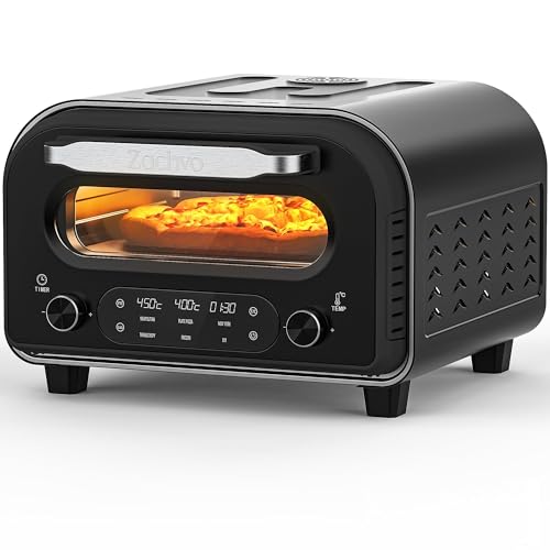 ZACHVO Elektrischer Pizzaofen - bis 450℃, 5 voreingestellte Pizzaarten, 1-60 Min Timer, Touchscreen & Drehregler, Edelstahlgehäuse, für 32cm Pizza, inkl. Pizzastein, Pizzaschieber, Rezeptbuch, Schwarz