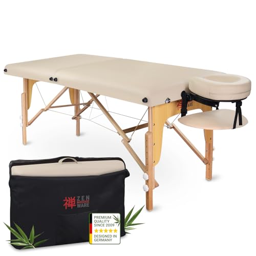 ZEN® StartUp Massageliege klappbar & Mobile Massagetisch aus Holz, stabile Massagebett - Massagebank höhenverstelbar, Tattoo & Kosmetikliege - Behandlungsliege mit Kopfteil, Armablage & Tasche (Creme)