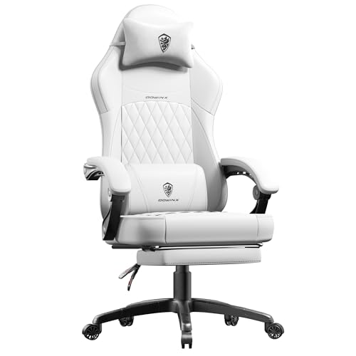 Dowinx Gaming Stuhl Racing Gamer Stuhl, Ergonomischer Gaming Sessel mit Lendenwirbelstütze, Gaming Chair PU Leder 150KG, Weiß