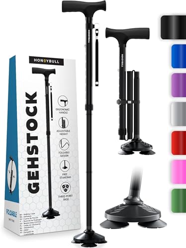 HONEYBULL Gehstock für Damen & Herren - Faltbar, Verstellbar, Zusammenklappbar, Freistehender Stock, Robust | Gehstock Gehhilfe für Erwachsene & Senioren [SCHWARZ]