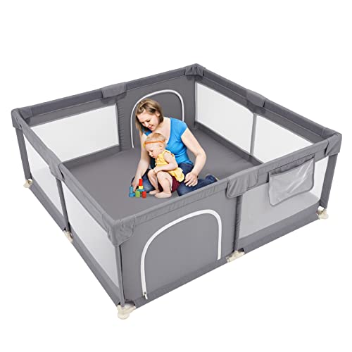 Laufstall Baby Großer Spielhof mit atmungsaktivem Netz, Sicherheitszaun für das Spielzentrum für drinnen und draußen laufgitter baby(quadratisch grau groß)