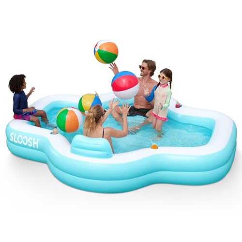 SLOOSH Aufblasbarer Swimmingpool mit Sitzen, 305 x 257 x 66 cm, überirdischer Familienpool mit Rückenlehne und Getränkehaltern, Planschbecken für Sommerparty im Garten oder auf dem Rasen, Cyan