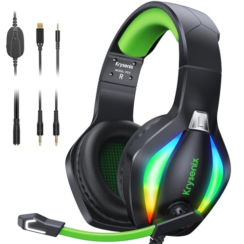 Krysenix PG1 RGB Gaming Headset für PS4/PC/Nintendo Switch/Xbox one, PS5 Headset mit Mikrofon, Gaming Kopfhörer mit Mikrofon, Noise Cancelling Kopfhörer mit 3.5mm Klinke Schwarz/Grün 「2024 New」