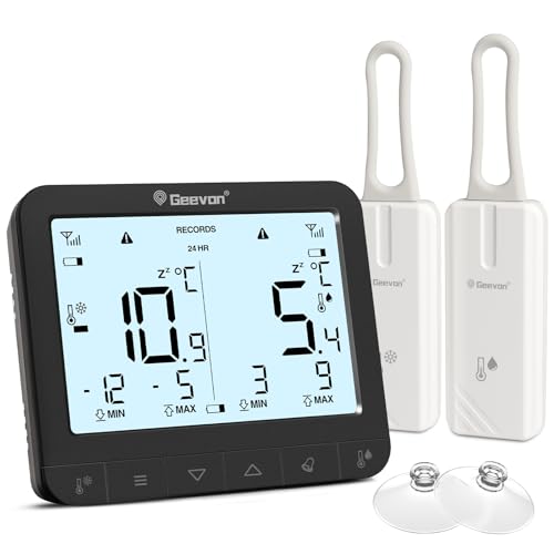 Geevon Kühlschrank Thermometer mit 2 Sensoren, Funk Digitales Gefrierschrank thermometer mit Max/Min Rekord Alarmierung Digital Termometeranzeige Innen Kühlschrank Alarm