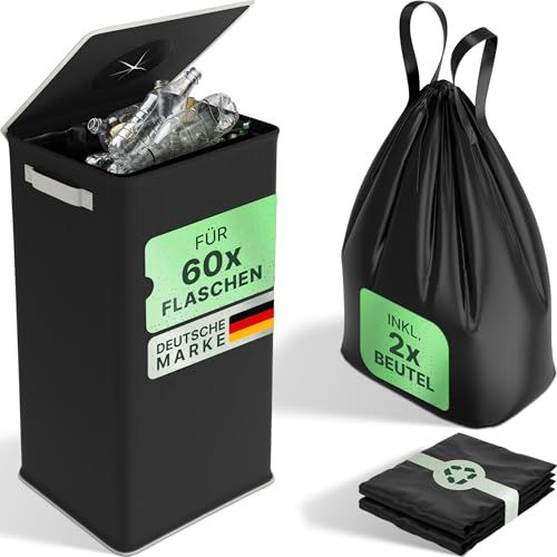 BELIKLEIT Pfandflaschen Sammelbehälter schwarz mit Deckel und 2 Taschen | Pfandflaschen Behälter PET-Flaschen, Dosen, Altglas | Aufbewahrung, Leergut Sammelbehälter, Flaschensammler Leergut für Küche
