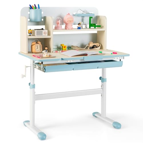 COSTWAY Kinderschreibtisch höhenverstellbar, Schreibtisch Kinder mit neigbarer Tischplatte, Regalen & Schublade, Jugendschreibtisch Schülerschreibtisch für 3-12 Jahre Kinder, 80 x 51 x 110,5cm (Blau)