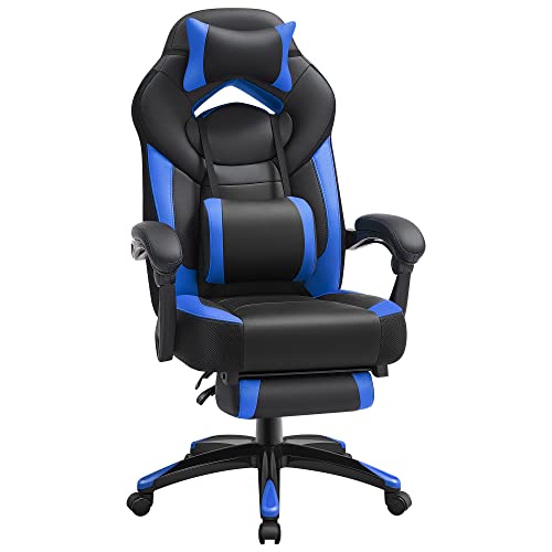 SONGMICS Gaming Stuhl, Bürostuhl mit Fußstütze, Schreibtischstuhl, ergonomisches Design, verstellbare Kopfstütze, Lendenstütze, bis zu 150 kg belastbar, schwarz-blau OBG77BU
