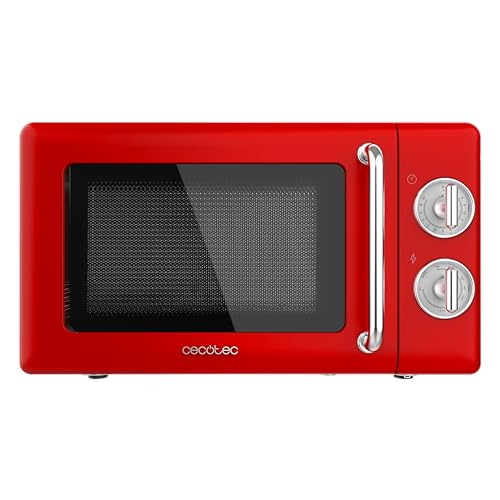 Cecotec Mikrowelle mit Grill Proclean 3110 Mechanische, 20 l, Retro, 700 W, 6 Stufen, Timer bis zu 30 Minuten, Auftaumodus, Vintage-Design in Rot, Stahl-Finish