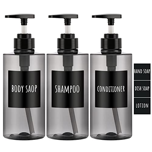 Segbeauty Shampoo Flaschen Duschgel Spender, 3 Stück 500 ml Seifenspender, Nachfüllbare Leere Pumpflasche mit Etiketten, für Küche Bad, Grau