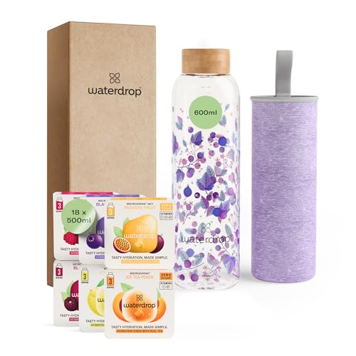 waterdrop® Muttertagsgeschenk Set - Glasflasche 600ml inkl. 18 zuckerfreie Drops - Geschenk für Frauen - Probierpaket mit Wasserflasche, Flavor Drops & Vitaminen - Trinkflasche Kohlensäure geeignet