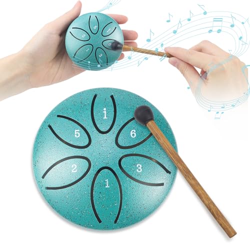 Zungentrommel Steel Tongue Drum 6 Töne Handpan Instrument Stahlzungentrommel Mini Pan Drum Percussion 3 Zoll Stahlzungen mit Schlägeln für Meditation Yoga (Grün)