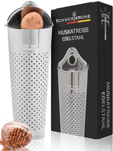 Schwertkrone® Muskatnuss Reibe 11cm [EDELSTAHL] - Hochwertige Muskatreibe mit Aufbewahrung - Muskat Küchenreibe Edelstahl - Reibe für Muskatnuss, Zitronenschalen & Co. - Muskatnussreibe mit Behälter