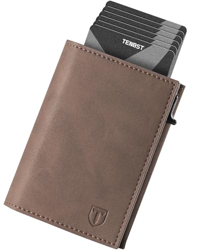 TENBST Geldbörse Herren, Kartenetui Herren mit Münzfach & RFID Schutz, Slim Wallet Geldbeutel mit 8 Kartenfächer, Leder Portmonee - Braun