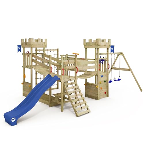 WICKEY Spielturm Ritterburg Smart Arch mit Schaukel & Blauer Rutsche, Outdoor Kinder Kletterturm mit Sandkasten, Leiter & Spiel-Zubehör für den Garten