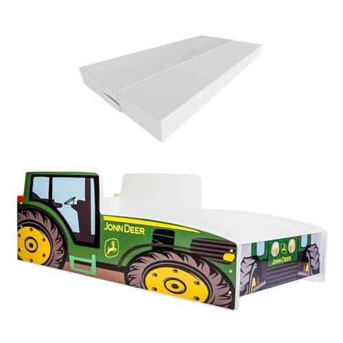KOBI Kinderbett mit Rausfallschutz Bauernhof | Grüner Traktor | 160 x 80 cm | Jugendbett mit Matratze | Kinderbetten Jungen Mädchen | Einzelbett Kinder Bett Autobett