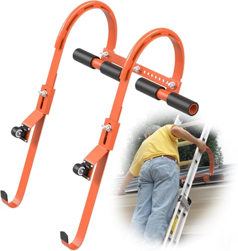 WUDLEP Leiterhaken mit Rad, 2 Stück Leiter Dachhaken Set Leiterzubehör mit Stationären Rädern und Gummigriff T-Bar, Dachziegel Haken Max Belastbarkeit 227 kg (Orange)