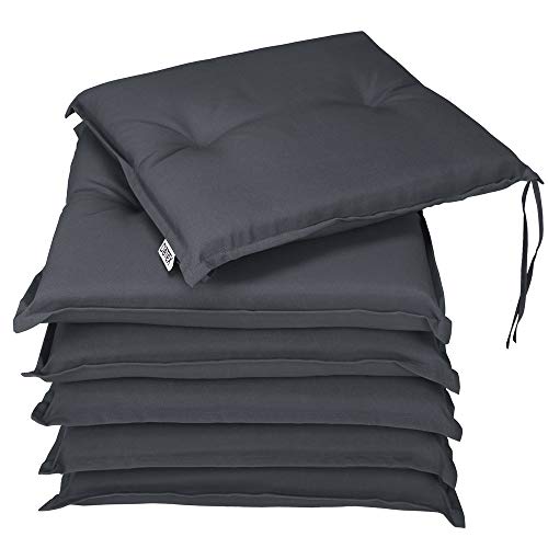 DETEX® Sitzkissen Stuhl 6er Set Wasserabweisend 43x39x5cm Befestigungsriemen Waschbar Reißfest Stuhlkissen Sitzauflage Sitzpolster Gartenstuhl Anthrazit