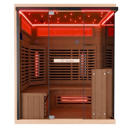 Dewello® Infrarotkabine Infrarotsauna KENORA 160x120 für 2-3 Personen aus Hemlockholz, Vollspektrumstrahler, Bodenstrahler, LED-Farblicht, Bluetooth