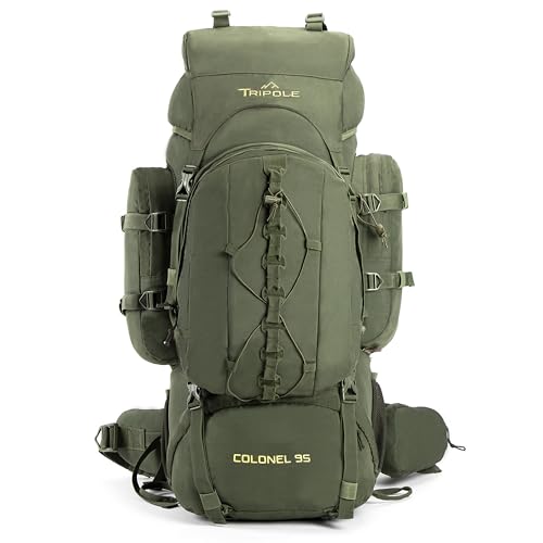 Tripole Rucksack Colonel 95 Liter mit abnehmbarem Rucksack - Wandern, Trekking, Reisen, Camping, Wasserdicht, mit atmungsaktivem Rückenpaneel, Militärgrün