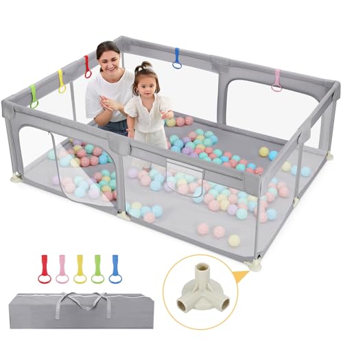 Dripex Laufstall Baby 150x200cm, Laufgitter Baby 300D Oxford Gewebe, Baby Laufstall mit atmungsaktivem Netz, große Sicherheitsspielplatz, Laufstall, Grau