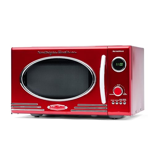 Nostalgia Retro Mikrowellenofen für die Arbeitsplatte – Großes 800-Watt-Modell – 25 Liter – 12 vorprogrammierte Kochprogramme – Digitaluhr – Küchenapparate – Metallisch Rot