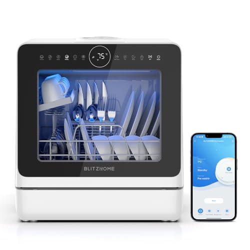 Mini Geschirrspüler, BLITZHOME Spülmaschine Smart App Steuerung, 8 Programme Tragbarer Tischgeschirrspüler, 5L Wassertank, mit/ohne Wasseranschluss Benutzbar, Trocken, Reservierung, Kindersicherung