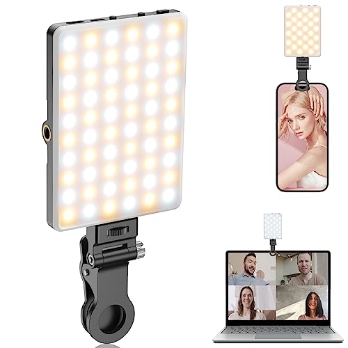 TONEOF Selfie Licht Handy, 60LED Wiederaufladbares Videolicht mit Clip&Zwei 1/4' Schraubenlöchern, 2500K–9000K 3 Lichtmodi, Tragbares Foto Licht für iPhone, Android, Laptop, Tablet-Schwarz