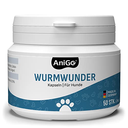 AniGo Wurmwunder - Wurmkraut Kapseln für Hunde, 50 Tabletten, seit 10 Jahren natürliche und bewährte Rezeptur zur Unterstützung durch Saponine, Bitterstoffe, Thymian, Wermut & Salbei