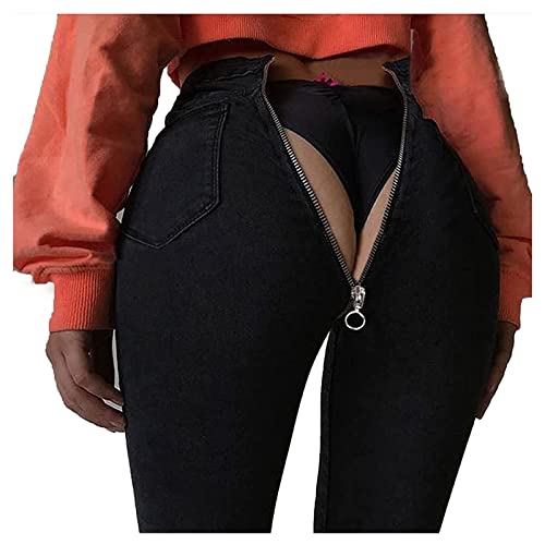 Bsdsl Sexy Damen-Jeans mit Reißverschluss hinten, Jeans mit hoher Taille und Reißverschluss hinten, Dehnbare Legging-Hose aus gewaschener Baumwolle, dünne Hose (Color : Black, Size : L)