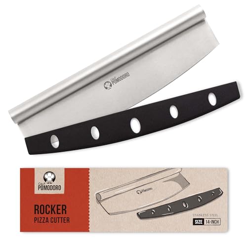 Chef Pomodoro Pizzaschneider – Pizzamesser – Pizza Schneider aus Edelstahl – Nützlicher als Pizzaroller – Pizza Cutter mit Klingenschutz – Pizza Wiegemesser - Scharfe Edelstahl Klinge 35,5 cm