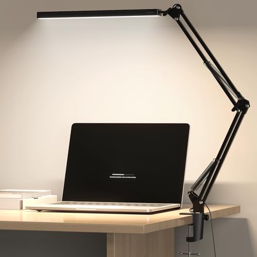 Meltrck Schreibtischlampe LED Dimmbar mit Klemmbefestigung - 1200 Lumen Augenschutz Tischleuchte mit 5 Farbmodi & 11 Helligkeitsstufen, 45-Min Timer und 80 LED-Chips (Schwarz)
