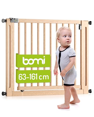 BOMI Baby Schutzgitter Treppe Miko PEFC geprüftes Buchenholz | Ohne Bohren | Gittertür aus Holz schwarz | Stabile Baby Schutzgitter Tür für Kindersicherheit | Treppen Türgitter | Breite: 87-95 cm