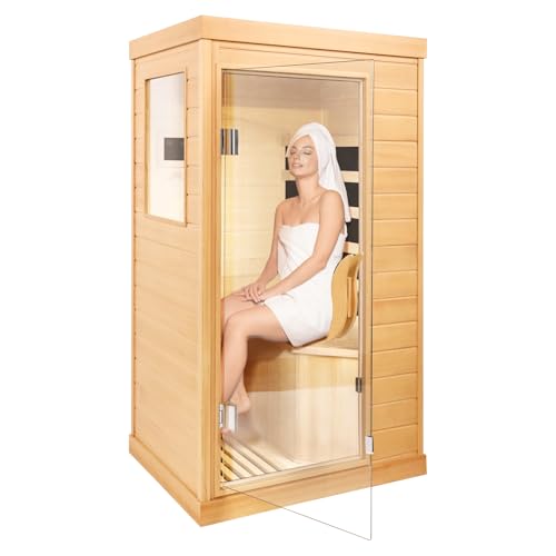 Infrarotkabine Infrarotsauna für Zuhause 1 Person Trockensaunaraum aus kanadischem Hemlockholz mit geringem EMF Privatsauna für den Innenbereich mit Bedienfeld, Bluetooth-Lautsprechern, LED-Leuchte