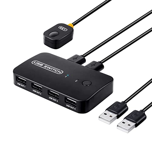 TCNEWCL USB Switch 2 In 4 Out USB Umschalter für 2-PC Teilen 4 USB-Geräte für Drucker, Scanner, Tastatur, USB Sticks, Festplatten, Maus mit 2 USB Kabel und Fernbedienung