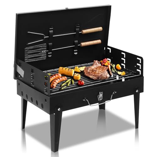 LEADZM Holzkohlegrill mit Deckel - Klappgrill für Camping & Picknick, L44×B27×H7 cm - Quadratischer Outdoor-Grill inkl Gabel- und Spatel-Komplettset - Schwarz