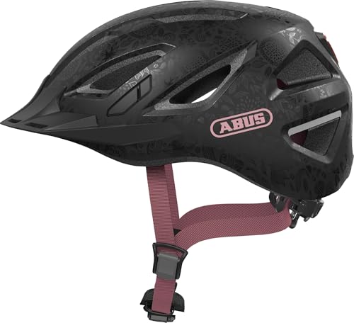 ABUS Stadthelm Urban-I 3.0 - Fahrradhelm mit Rücklicht, Schirm und Magnetverschluss - für Damen und Herren - Schwarz mit floralem Muster, M (52-58 cm)
