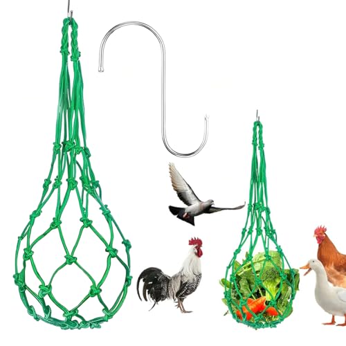 NHPY 2 Stück Futterautomat hühner,Hühner Spielzeug,hühner futterautomat,Hähnchen Futterautomat Fütterungs Netzbeutel Huhn Gemüsehalter,Zubehör Spieß Obst Feeder für Enten Gänse Vögel