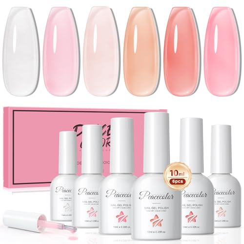 PEACECOLOR UV Nagellack Set,6 Farben Transparent Gel Nagellack Soak-Off UV/LED Nail Polish Pink Serie Jelly Gel Transparent 10ML