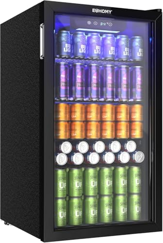 EUHOMY Getränkekühlschrank, Mini-Kühlschrank für 126 Dosen mit Glastür, kleiner Kühlschrank mit verstellbaren Regalen für Limonade, Bier oder Wein, für Zuhause/Bar/Büro, Schwarz Edelstahl