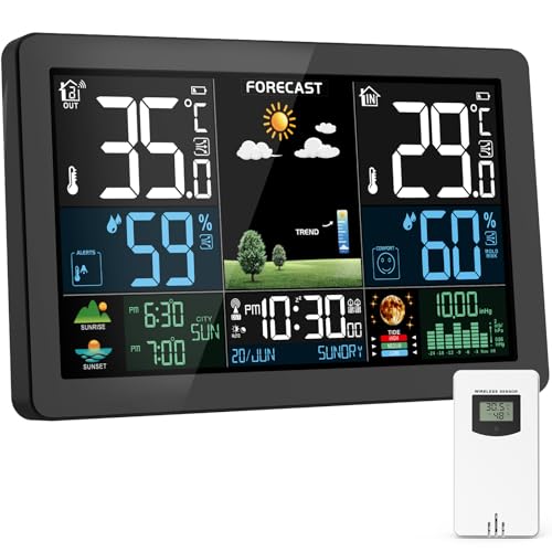 Wetterstation Funk mit Außensensor, Farbdisplay, Wettervorhersage, Temperatur, Luftfeuchtigkeit, Wecker mit Schlummerfunktion, Luftdruck,60m Übertragungsentfernung, für Innen und Außen, Schwarz